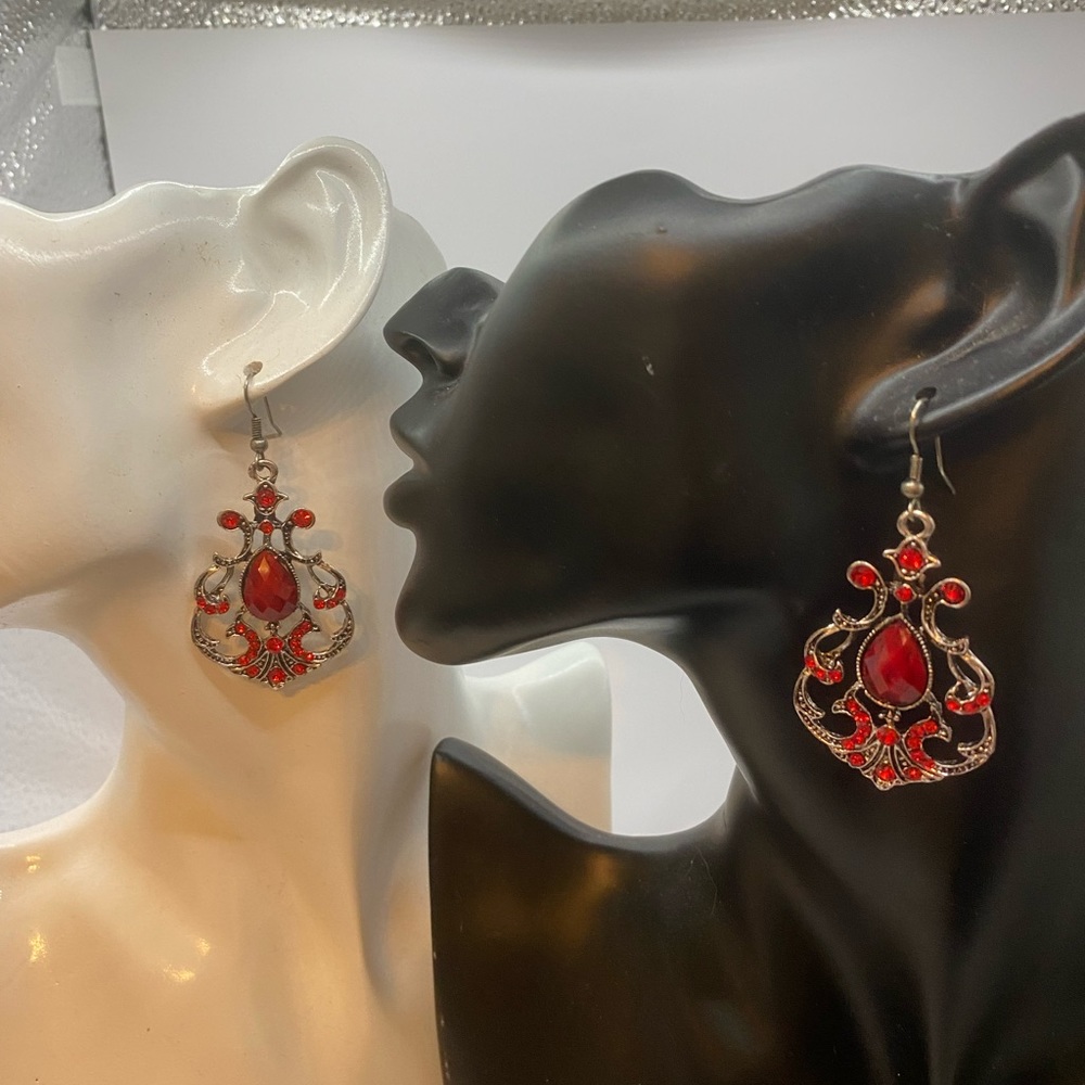 bling ruby red chandelier earrings, costume, fish hook, new.